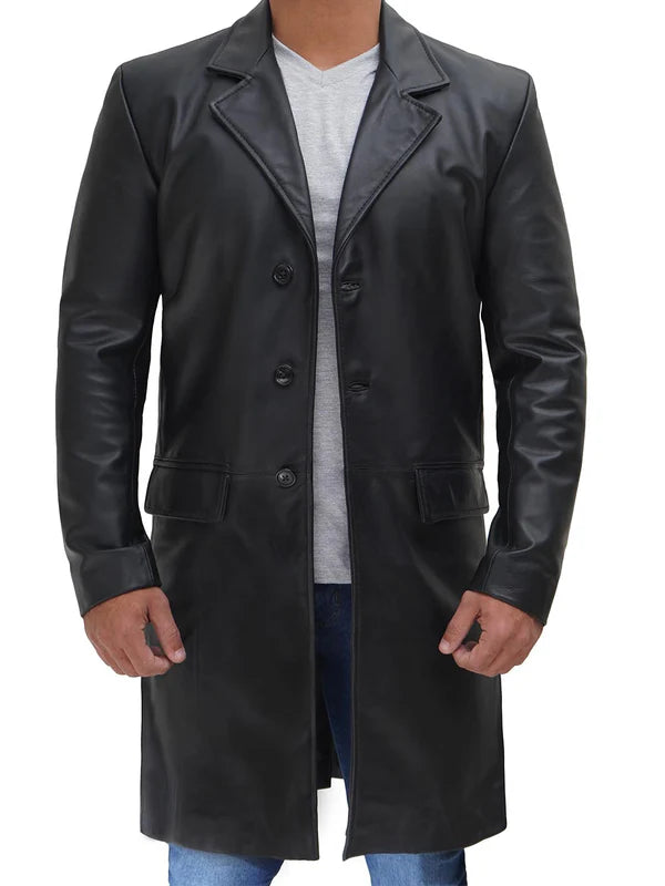 Men's Long Black Real Cowhide Leather Trench Coat
