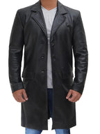 Men's Long Black Real Cowhide Leather Trench Coat