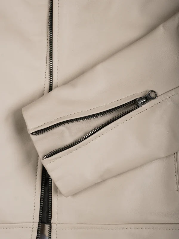 Mens Beige Cafe Racer Style Leather Jacket