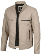Mens Beige Cafe Racer Style Leather Jacket