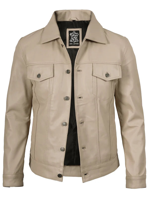 Men's Beige Real Trucker Leather Jacket