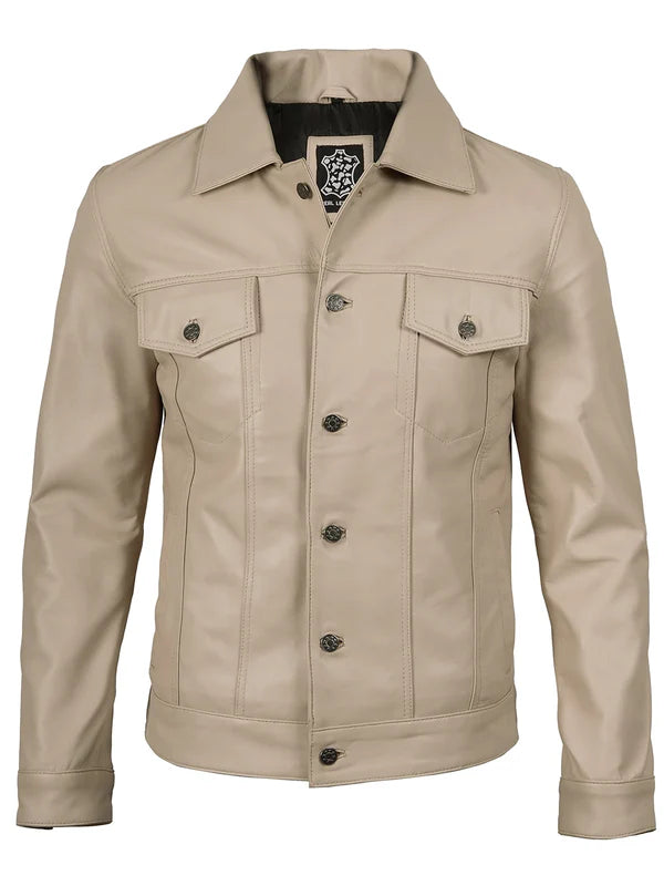 Men's Beige Real Trucker Leather Jacket