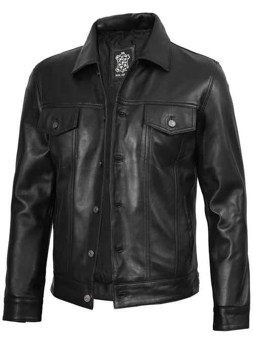 Fernando Mens Black Leather Trucker Jacket