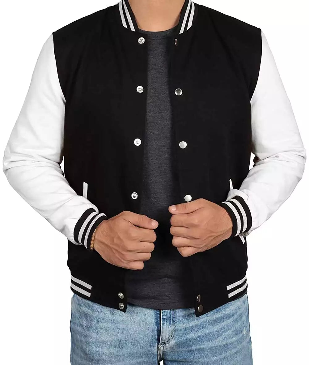 Men’s Black and White Letterman Jacket – Baseball Bomber Style