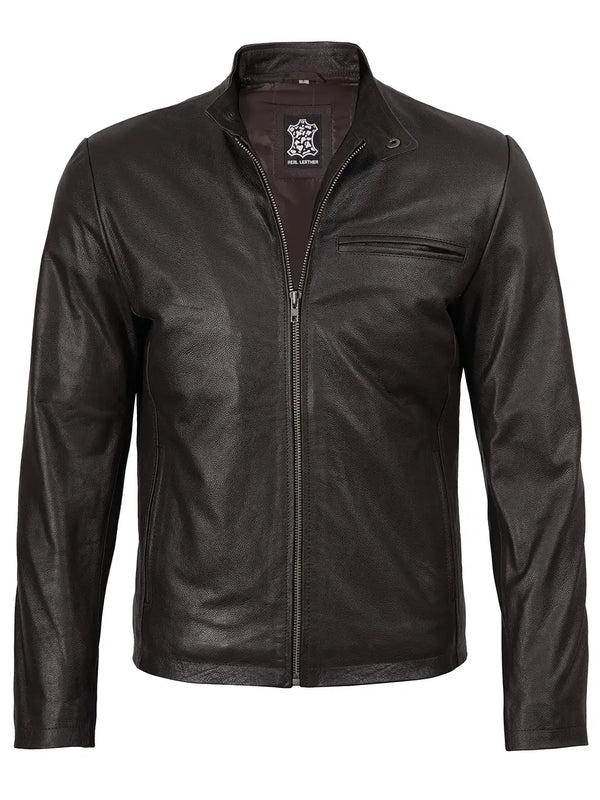 Mens Dark Brown Cowhide Cafe Racer Leather Jacket