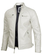 Johnson Mens Off White Quilted Cafe Racer Leather Jacket