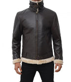Men's Real Leather Dark Brown Bomber Fur Aviator Jacket