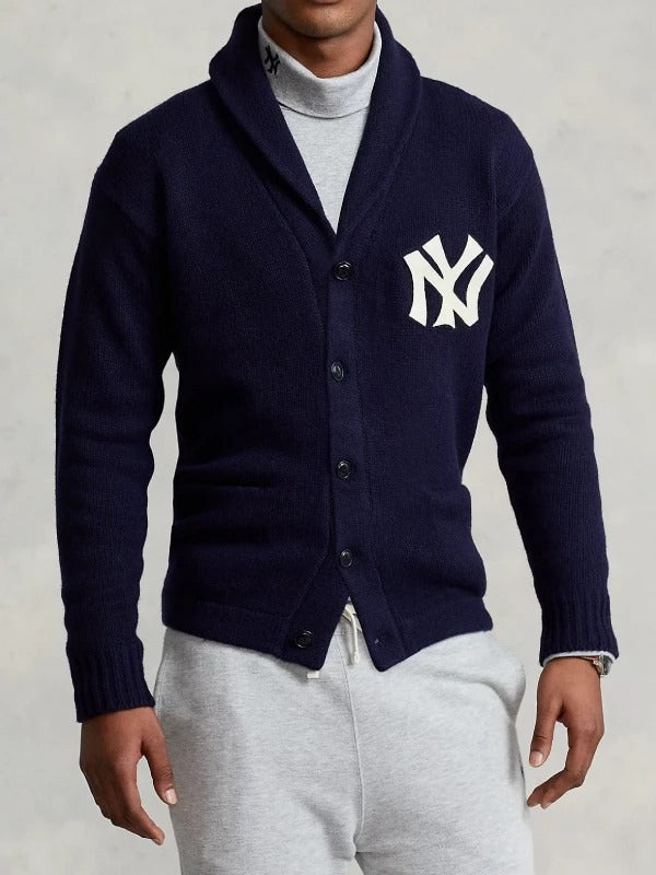 Unisex Knit Shawl Collar Button-Up Yankees Cardigan Sweater