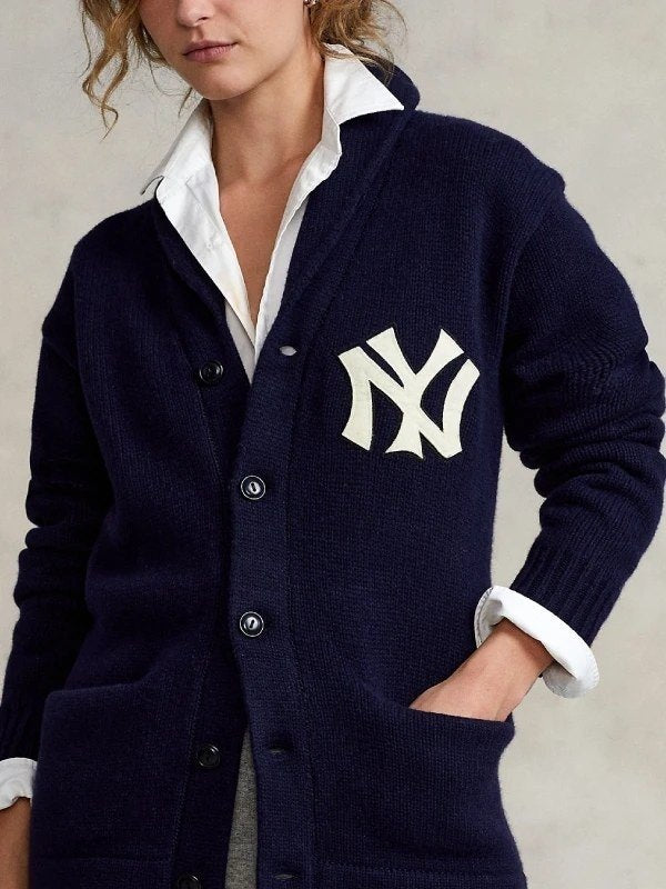 Unisex Knit Shawl Collar Button-Up Yankees Cardigan Sweater