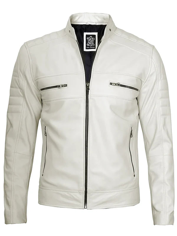 Mens Off White Cafe Racer Real Leather Jacket