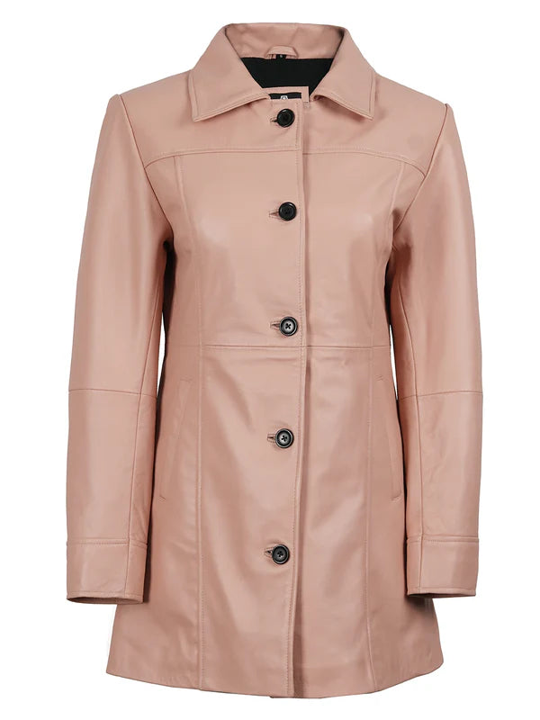 Kandis Women Pink Real Leather Car Coat