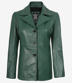 Womens Three Button Green Leather Blazer
