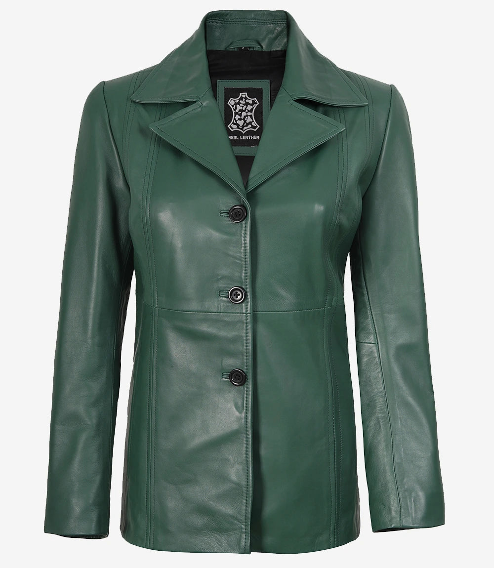 Womens Three Button Green Leather Blazer