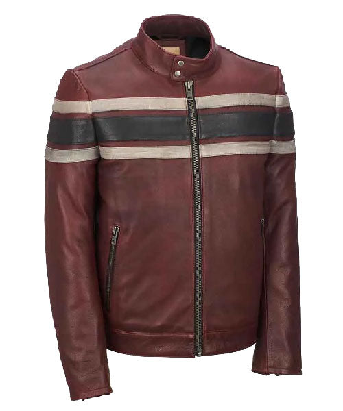 Men’s Burgundy Leather Motorcycle Jacket with Racing Stripes