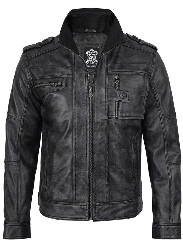 Tavares Mens Distressed Black Leather Biker Jacket