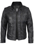 Tavares Mens Distressed Black Leather Biker Jacket