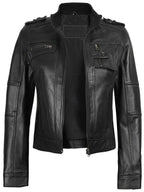 Arezzo Black Flap Closure Cafe Racer Leather Jacket