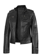 Tavares Womens Black Cafe Racer Style Leather Jacket