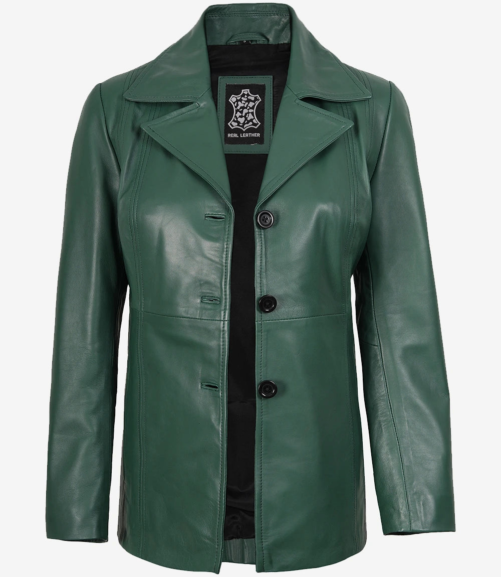 Womens Three Button Green Leather Blazer