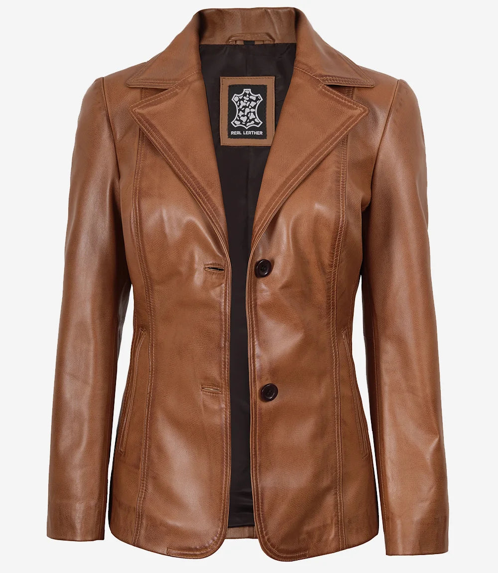 Womens Two Button Tan Leather Blazer - Notch Lapel