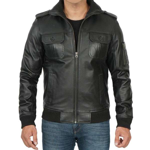 Men’s Black Leather Bomber Jacket with Zip Closure