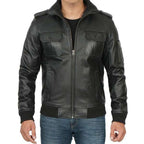 Men’s Black Leather Bomber Jacket with Zip Closure