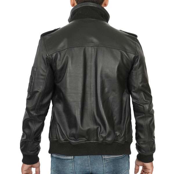 Men’s Black Leather Bomber Jacket with Zip Closure