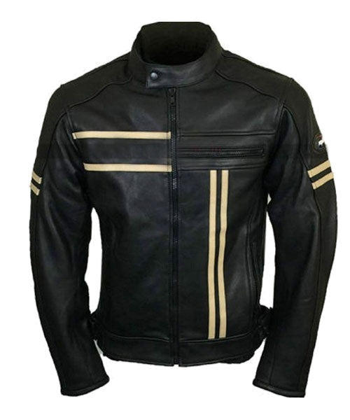 Men’s Black Racing Stripe Leather Biker Jacket