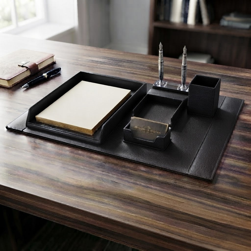 Executive 6-Piece Black Leather Desk Set & Office Organizer Pad
