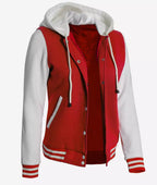 Women's Red and White Hooded Varsity Jacket - Highschool Baseball Style