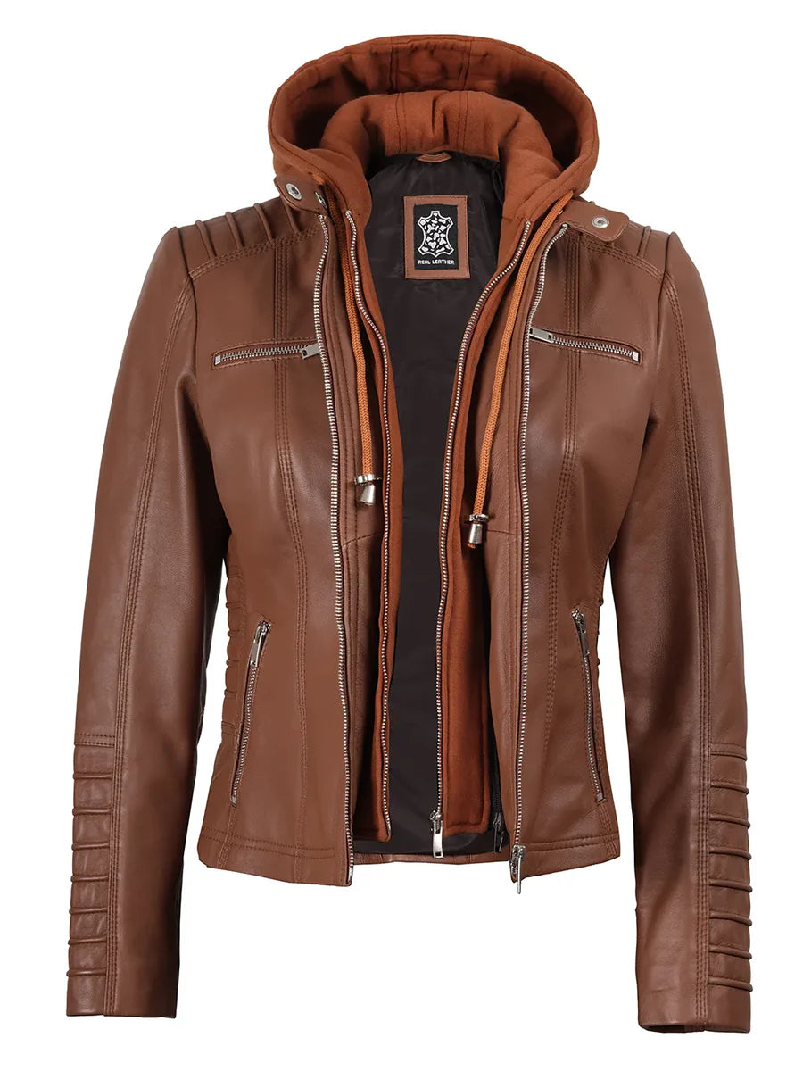 Women's Cognac Brown Leather Jacket With Removable Hood