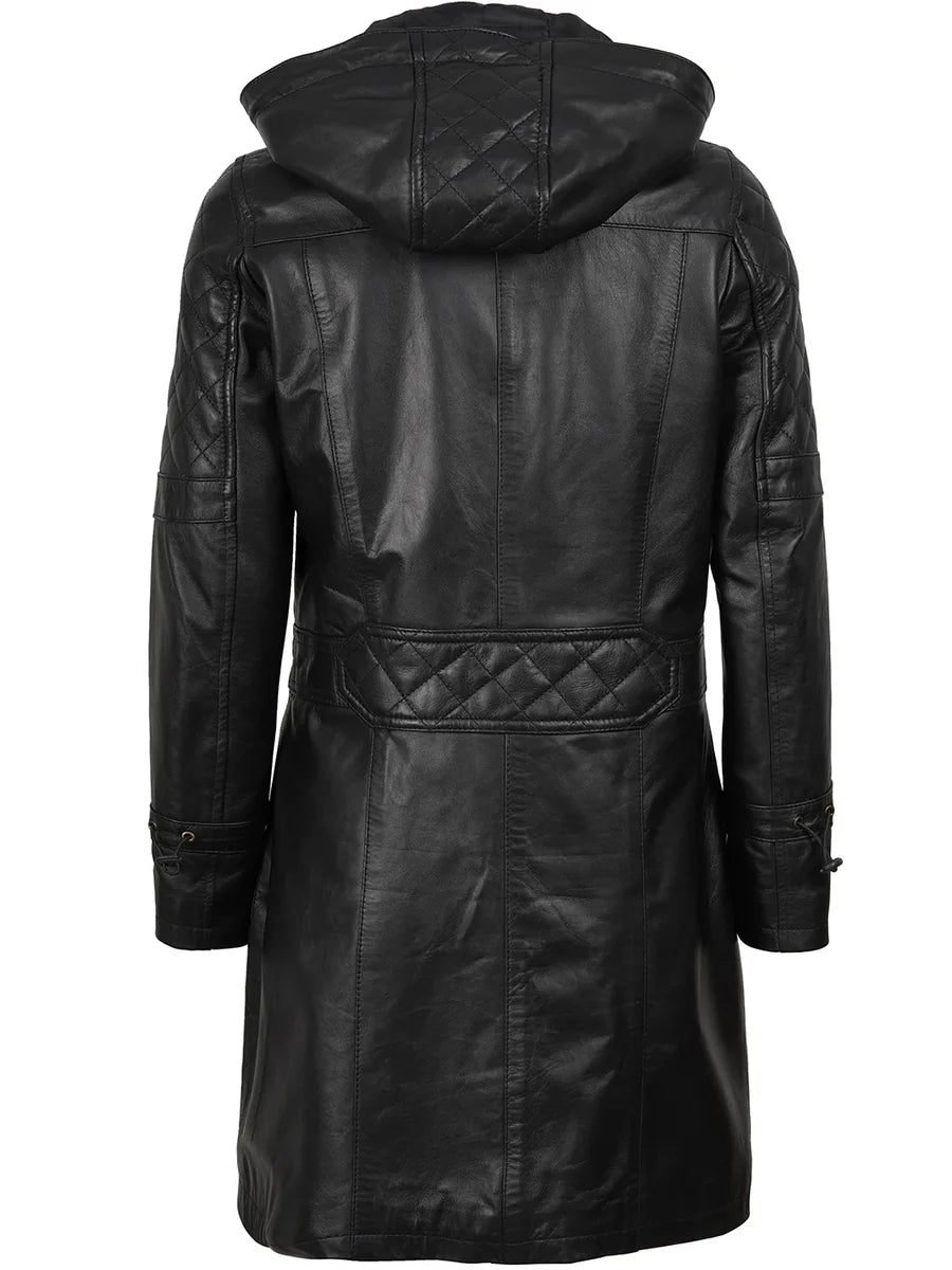 Women’s Black 3/4 Length Leather Coat With Hood