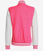 Women's Pink and White Varsity Baseball Jacket - Bomber Style