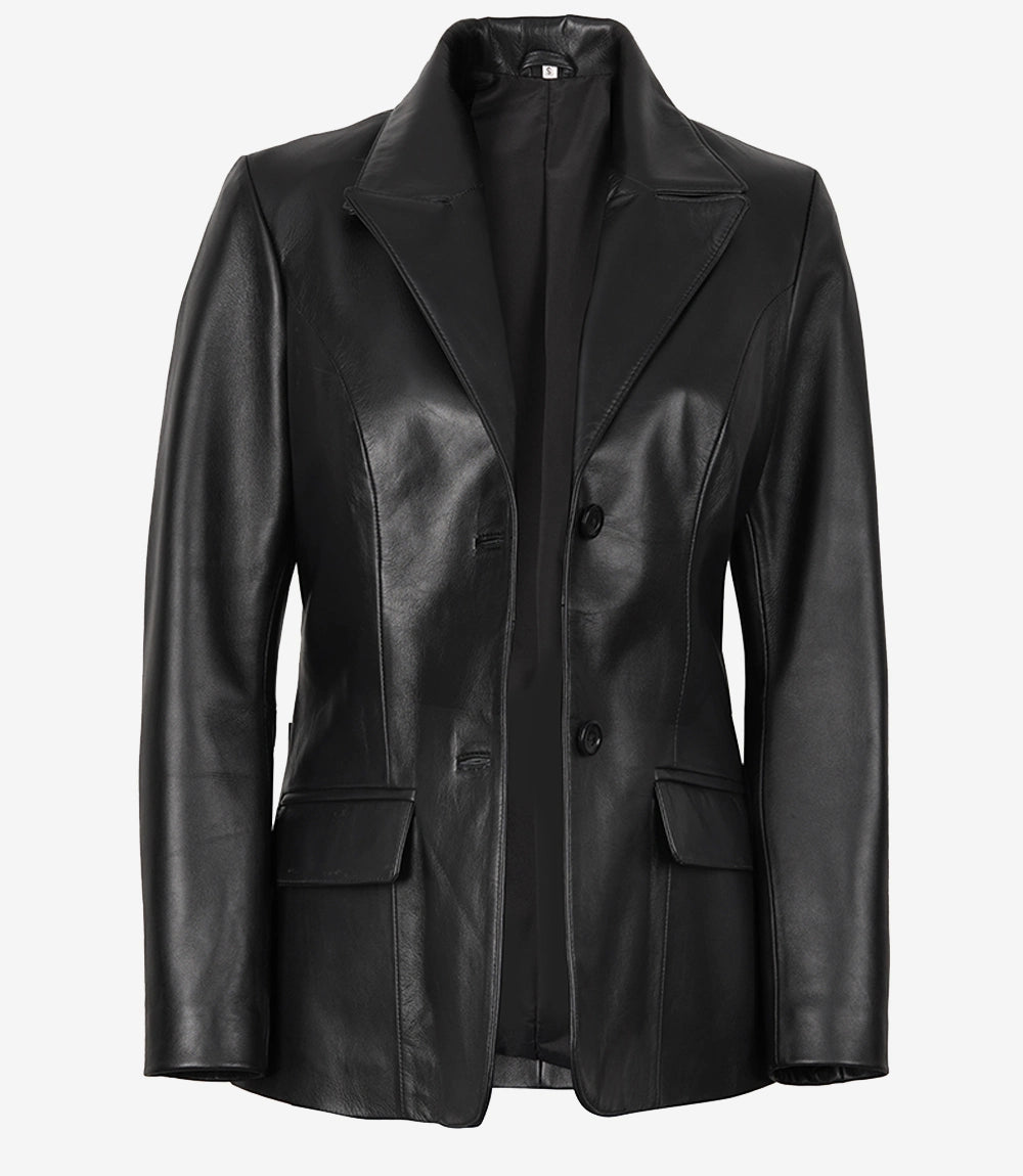 Women's Two Button Black Leather Blazer