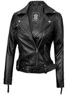Angela Womens Black Asymmetrical Belted Leather Jacket