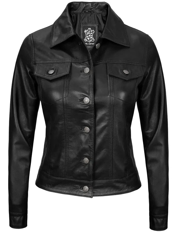 Fernando Women's Black Leather Trucker Jacket