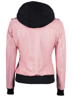 Women's Pink Leather Jacket with Removable Hood