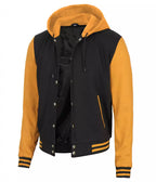 Mens Yellow Black Varsity Jacket with Hood - College Letterman