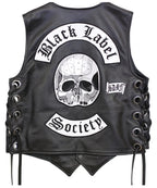 Men's Premium Black Leather Biker Vest with Decorative Patch Style