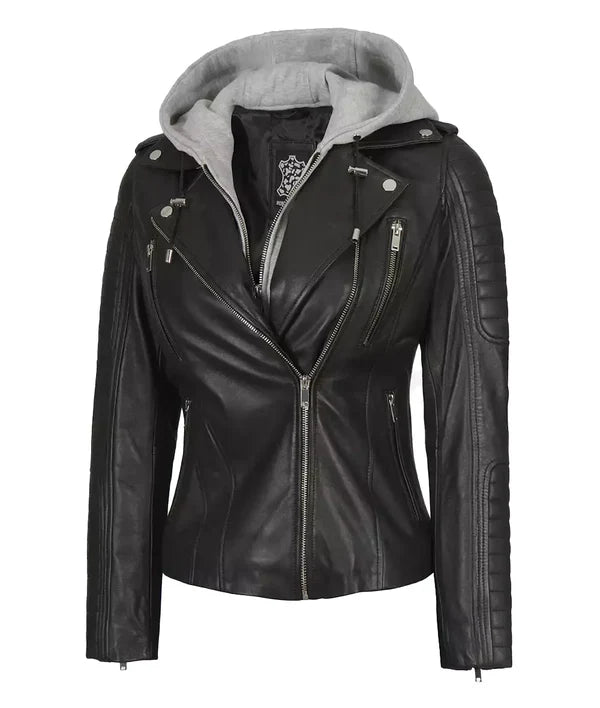 Womens Black Leather Biker Style Jacket With Removable Hood