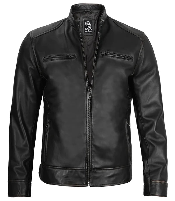Dodge Men's Black Cafe Racer Leather Jacket