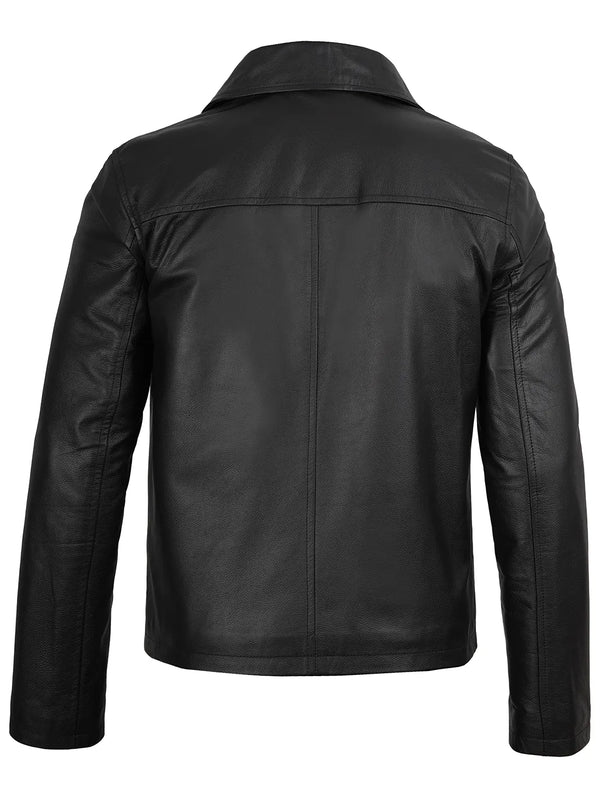 Men's Black Shirt Collar Cowhide Leather Jacket