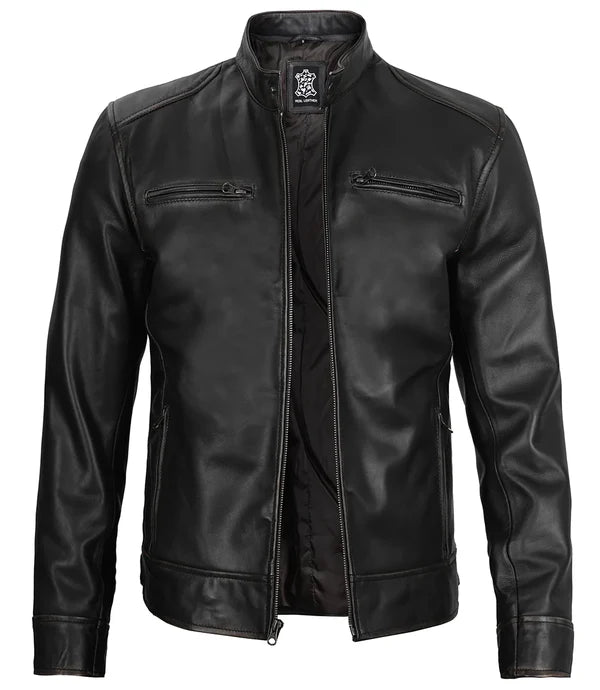 Dodge Men's Black Cafe Racer Leather Jacket