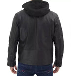 Mens Black Cafe Racer Leather Jacket with Removable Hood