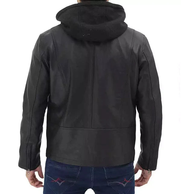 Mens Black Cafe Racer Leather Jacket with Removable Hood