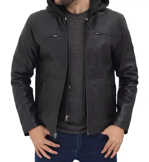 Mens Black Cafe Racer Leather Jacket with Removable Hood