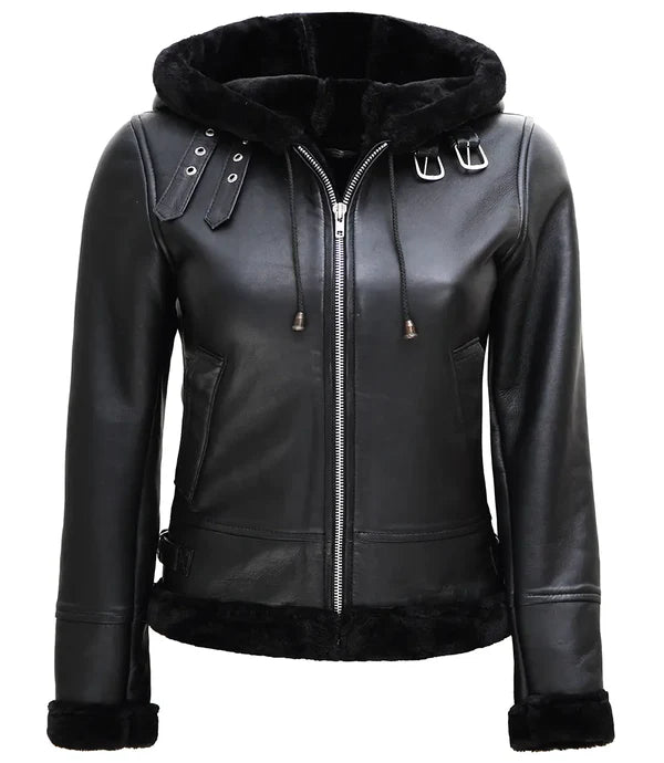 Womens Black Leather Hooded Shearling Jacket