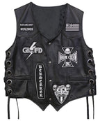 Men's Premium Black Leather Biker Vest with Decorative Patch Style