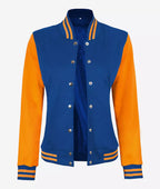 Women’s Yellow and Royal Blue Varsity Jacket – Baseball Style Bomber