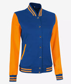 Women’s Yellow and Royal Blue Varsity Jacket – Baseball Style Bomber